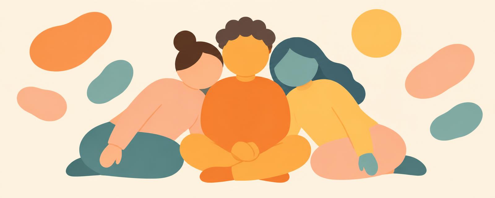 Three softly illustrated figures sitting close together among floating rounded shapes