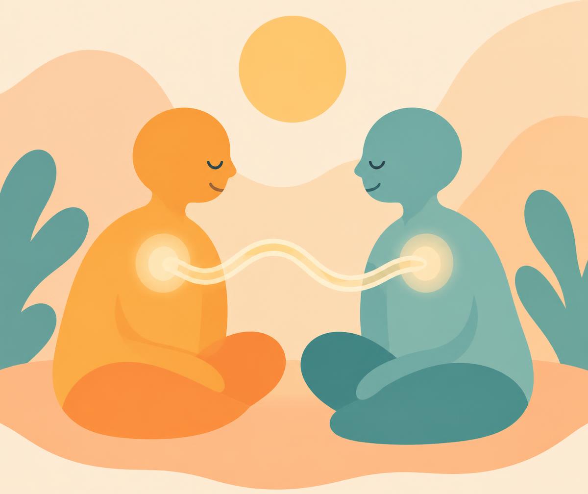 Two figures sitting facing each other with a gentle line connecting them, illustrating nervous system co-regulation